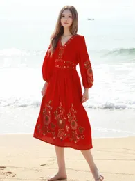 캐주얼 드레스 석고 gypsylady 꽃 자수 Boho 드레스 Cottonlinen V-Neck Long Sleeve Vocation Beach Red Women Ladies radies robe