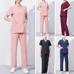 Women's Two Piece Pants 1 Set Nurses Work Uniform V-neck Anti-wrinkle Sweat Absorption Working Wear Summer Pet Dental Suit Beauty Salon