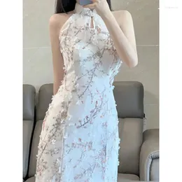 Roupas étnicas Melhorado Estilo Chinês Qipao Sem Mangas Halter Pescoço Cheongsam Vestido Slim Bodycon Elegante Sexy Verão Desgaste Desempenho Festa