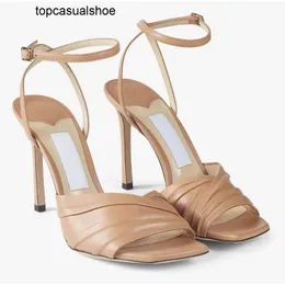 JC Jimmynessity Choo Luxe Prefect Sandals Shoes Basil Pleated Nappa Leather Strap High Heels Modern Elegance Square Toe Lady Party Dress Gladiator Sandalias