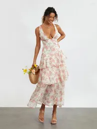 Vestidos casuais wsevypo elegante floral babados em camadas festa 2024 primavera verão mulheres sem mangas backless tie-up profundo v tanque