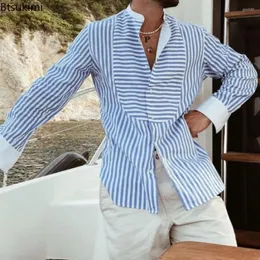 Camicie casual da uomo Camicia semplice con colletto alla coreana allentata e irregolare con cuciture a righe a maniche lunghe Cardigan primaverile Top Abbigliamento da uomo