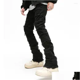 Мужские джинсы Мужские джинсы Ретро Рабочие расклешенные брюки Гранж Дикие сложенные рваные длинные брюки Прямые мешковатые брюки Y2K Выцветшие для мужчин Drop Dhbh0