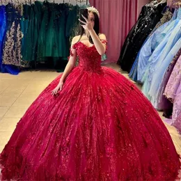 Rote 3d Blumen Prinzessin Quinceanera Kleider Glitzer Perlen Perlen appliziert von Schulter süß 16 Kleid Vestido de 15 Anos