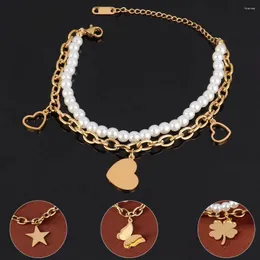 Link pulseiras de aço inoxidável camadas duplas coração charme para mulheres retro em camadas pingente pulseira moda meninas festa jóias presente