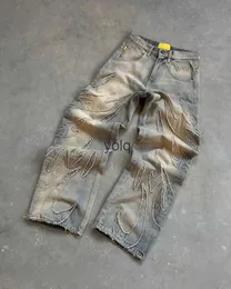 Jeans masculinos 2023 americano na moda gótico retalhos borda crua bordada cintura alta jeans homens retro solto abotoado calças de perna larga mulheres yolq