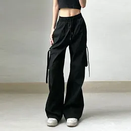 Calças femininas y2k streetwear carga hip-hop perna reta grande bolso bandagem solta sweatpants moda cintura alta outfits