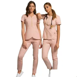 Women'S Two Piece Pants Wholesales Women Wear Stylish Scrub Suits Hospital Uniform Pant Solid Color Uni Operating 220610 Drop Deliver Dhrv0