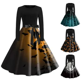 Vestidos casuais mulheres vintage balanço vestido halloween em torno do pescoço manga longa impresso cocktail baile de formatura robe mujer