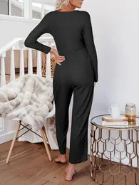 Kvinnors sömnkläder tröja jumpsuit för kvinnor långärmad våffla stickad knapp bred ben byxor romper overaller moderskap bodysuit med fickor