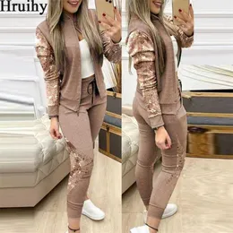 Kvinnors träningsdräkter Autumn Winter Two Piece Outfits For Women Fashion Sequin Zipper Coat Tops Drawstring Pants Set Casual Tracksuit Sweat Suits T201031