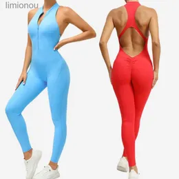 Actieve sets Yoga jumpsuit voor dames Backless Sexy bodysuit uit één stuk Rits Fitnessset Sneldrogende gymkleding Hardlopen Sportkleding OutfitsL240118