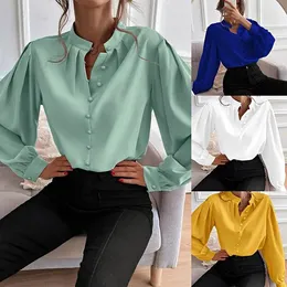 Kadın bluzları kadınlar için bahar giysileri gömlek zarif uzun kollu üstler gevşek düğme bluz düz renk salonu geyli yumuşak ve rahat