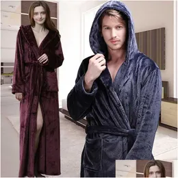 Homens sleepwear homens mulheres inverno extra longo com capuz grosso flanela quente roupão de banho masculino luxo banho térmico robe seda macio roupão dhdbs