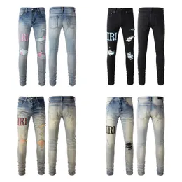 Mäns jeans 24s Designer Mens Jeans Purple Jeans Fashion Trends Ejressed Ripped Biker Motorcykelbyxor Herrens kvinnors broderipanelbyxor Stretch Slim-Fit