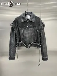 Luxury Vintage Women 100% Real Cowhide Moto Biker Jacket Designer Coat Lace Up Belted Punk Stage Show äkta läderjacka 240117