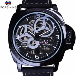 Forsining relógio preto completo esqueleto caso moinho de vento designer camurça cinta militar relógio masculino marca superior luxo automático pulso w301i