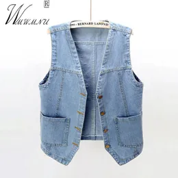 Модный джинсовый жилет с v-образным вырезом, весна-лето, короткая куртка без рукавов, повседневный однобортный джинсовый жилет Chaleco, большой размер 240117