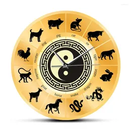 Zegarki ścienne Chiński znak zodiaku Sheng Xiao Clock Clock Art Yin i Yang Circle Ciche Nonicking Tregace