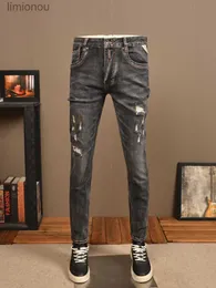 Jeans da uomo Retro Make Old Jeans strappati Moda uomo Stretch Slim High Street Ruffle Pantaloni neri da uomo casual lavati belliL240119