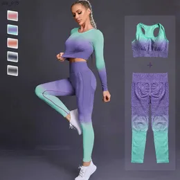 Yoga Outfit 2pc Ombre Women Yoga مجموعة سلس سلس طمونة الأكمام طويلة المحاصيل الرياضية حمالة الصدر الرياضية الجري صالة الألعاب الرياضية للياقة البدنية الرياضية الصالة الرياضية Seth24119