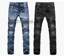 Moda masculina comércio exterior luz azul preto calças de brim motocicleta motociclista homens lavando para fazer o velho dobrar calças casual pista denim j16j