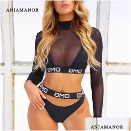 Kvinnors spårningsdräkter Anjamanor Women 3 Piece Beach Outfit Summer Y Bikini Three Set Mesh Crop Top Shorts Matching Set Semester D64-AA4 DHWHS