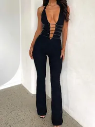 Women's Jumpsuits CHRONSTYLE Women Deep V-neck Halter Criss-Cross Lace-up Backless Rompers Off Shoulder Playsuits Long Flare Pants 2024