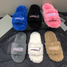 Lyx Paris bilder designer män kvinnor tofflor ladie plysch vinter päls fluffy päls varma bokstäver sandal bekväm fuzzy flicka flip floppen ull skjutreglage wtih låda