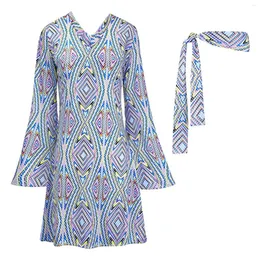 Casual Kleider Damen Kopftuch Kleid Zweiteiliges Set Damen Boho Print V-Ausschnitt Flare Sleeve 2024 Mode Ethnische Kleidung