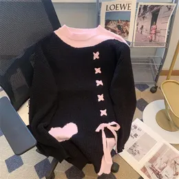 Kvinnors tröjor Ankomst Bow Love Bandage Sweater Knit Pullover Kvinnor Vinterspetsa Jumpers Chic Pink Pull Femme Knitwear 2024
