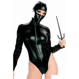 여성용 점프 수트 로맨스 할로윈 의상 y ​​블랙 닌자 가죽 PVC 원 디자이너 피스 스테이지 재미있는 유니폼 로이 7 드롭 DH5KV DH5KV