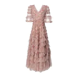 2024 primavera rosa tinta unita abito con pannelli manica corta scollo a V tulle lunghi maxi abiti casual A4J191359