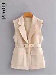 Jackets Korean Style Casual Lapel Sleeveless Pocket with Belt Chic Female Coat Haruku Fashion Singlebreasted Women's Jacket