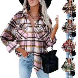 Women's Blouses Woolen Plaid Casual Shirt For Women Autumn Winter Fashion Coat Tops Blusa Mujer Moda 2024 Camisas Long Sleeve Clothes