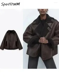 여성용 가죽 겨울 두꺼운 가짜 모피 양가죽 코트 여성 라펠 지퍼 포켓 푸 재킷 2024 패션 레이디 따뜻한 오토바이 자켓