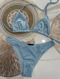Velvet Blue Bikini Set Designer قطعتان بيكينيس ملابس السباحة