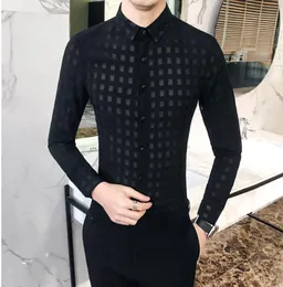 Męskie seksowne koronkowe koszule Plaid See Choć design Długie rękaw Casual Spring Night Club koszulka TOP Clothing9151438