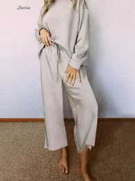 Women's Two Piece Pants 2024 Spring Autumn Solid Long Sleeve Sweatshirt Wide Leg Pant Set Drawstring Waist Trouser Loose Women Outfits