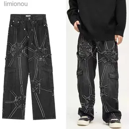 Jeans para hombres Harajuku función de herramientas retro jeans sueltos negros ropa de calle 2K para hombres pantalones rectos de gran tamaño punk gótico piernas anchas para mujeres L240119