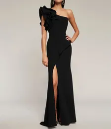 Elegant Long Black Crepe aftonklänningar med ruffles sjöjungfru en axel WATTEAU -tåg veckad blixtlås bakre golvlängd promenad party klänningar för kvinnor