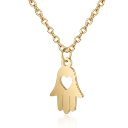 Cute Small Hamsa Hand of Fatima Pendant Female 14k Yellow Gold Palm Necklace Chains For Women Girl Jewelry Gift