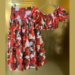 Женское платье-двойка, хлопковое красное платье с принтом морских анемонов, топ с одним вырезом и короткими рукавами, юбка-трапеция миди