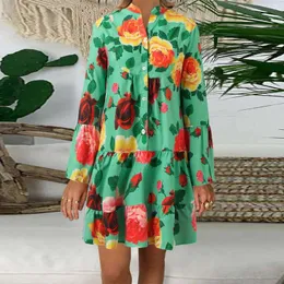 الفساتين غير الرسمية لباس الصيف للسيدات 2024 زهرة الطباعة طويلة الأكمام الفضفاض
