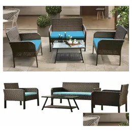 Garten-Sets, Versand aus den USA, Fast Ups, 4-teilige Rattan-Sofa-Sitzgruppe mit Kissen, Outdoor, Ratten Wf190610Aac, Drop-Lieferung, Möbel nach Hause, Dhpi1