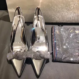 Sandals Pointed Toe High-heeled With Bows Silver Luxury Crystal Women's Shoes Summer Sexy Low-heeled Toe-style Slippers