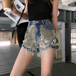 Women's Shorts Summer Side Spike Women Denim Shorts 2021 Fashion Loose Holes High Waist Jeans High Street Wide Legs Thin Shorts Women TrousersL240119