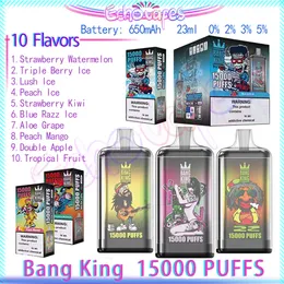 Оригинальный Bang King 15000 Puff Одноразовая ручка для электронных сигарет 0,8 Ом Сетчатая катушка 25 мл Предварительно заполненный контейнер 650 мАч Перезаряжаемая батарея Электронные сигареты Puffs 15 000 0% 2% 3% 5% Прочность 10 вкусов