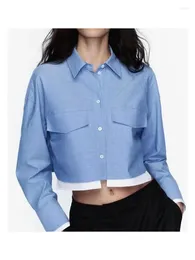 Women's Blouses Ladies Fashion High Waist Turn-Down Collar Tops Office Style Casual Two Pockets Long Sleeve Short Blue Shirts