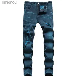 Herenjeans Hoge kwaliteit heren slim fit gat gescheurde denim broek lichte luxe straatmode blauw groene jeans krassen sexy casual jeans; L240119